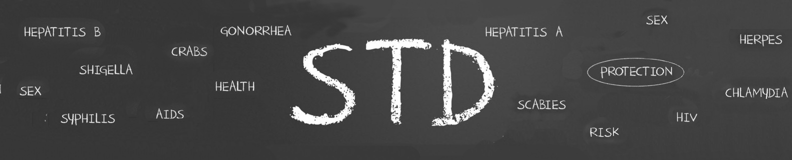 std-related words written on a blackboard